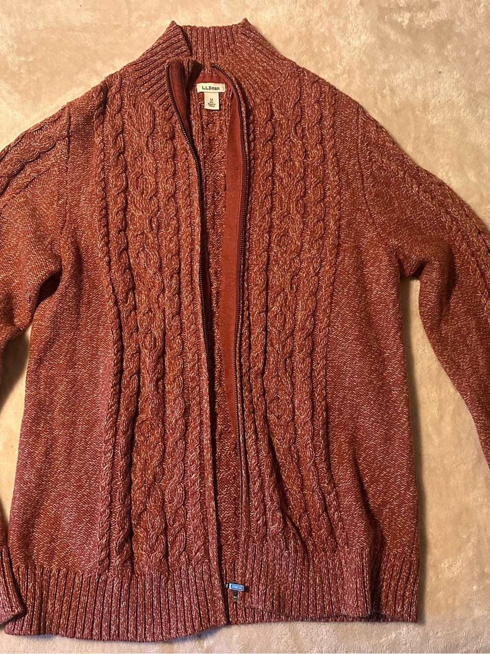 L.L. Bean Cable Knit Zip Sweater in Rust